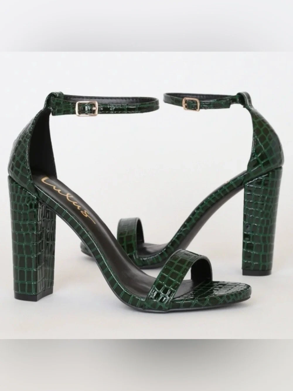 Lulus Taylor Evergreen Crocodile-Embossed Block Heel Sandals Ankle Strap size 8